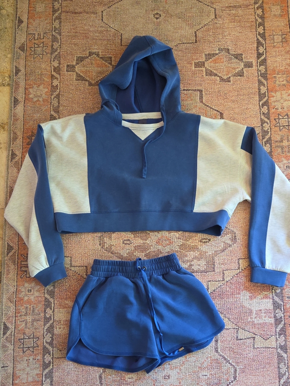 Girls Blue & Cream Colorblock Hoodie and Shorts Set